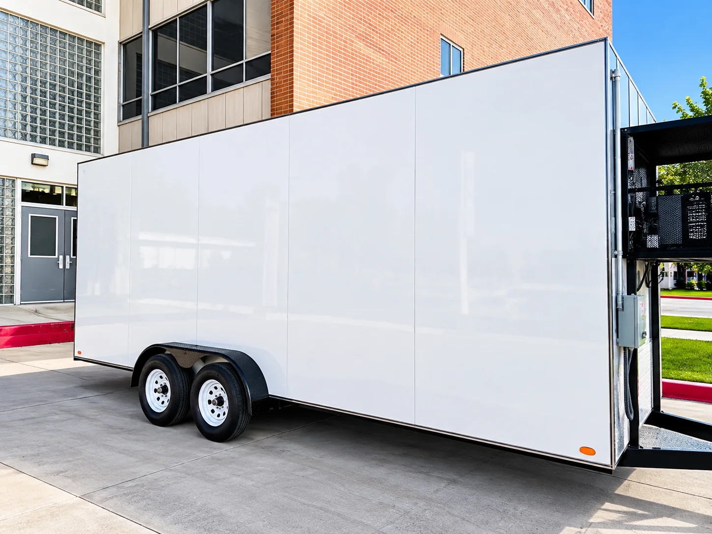White commercial refrigeration trailer fleet parked outdoors