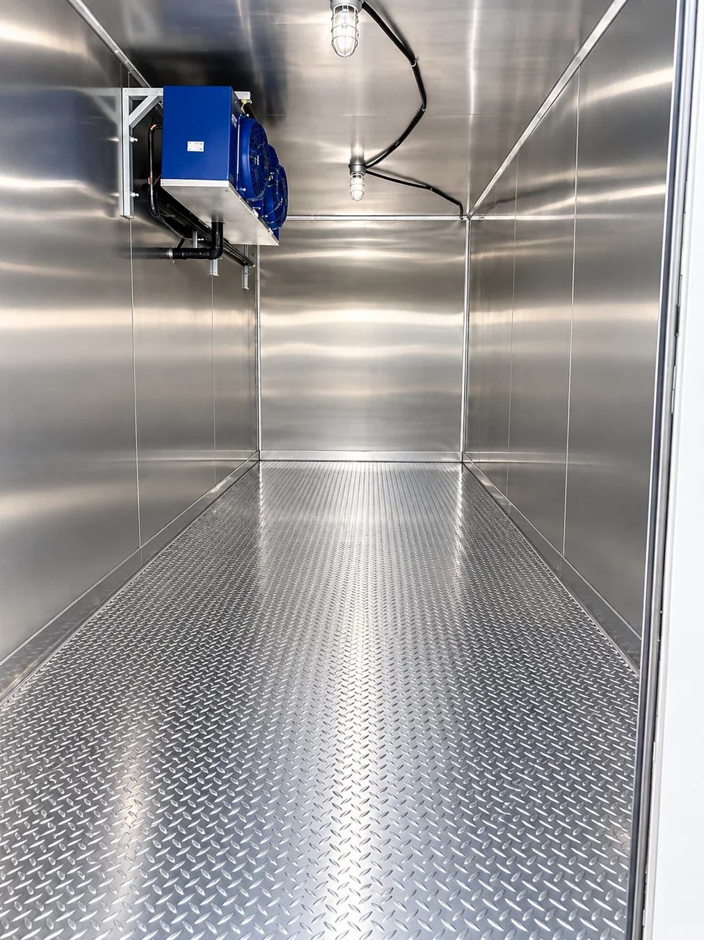 Stainless-steel interior of a refrigerated trailer